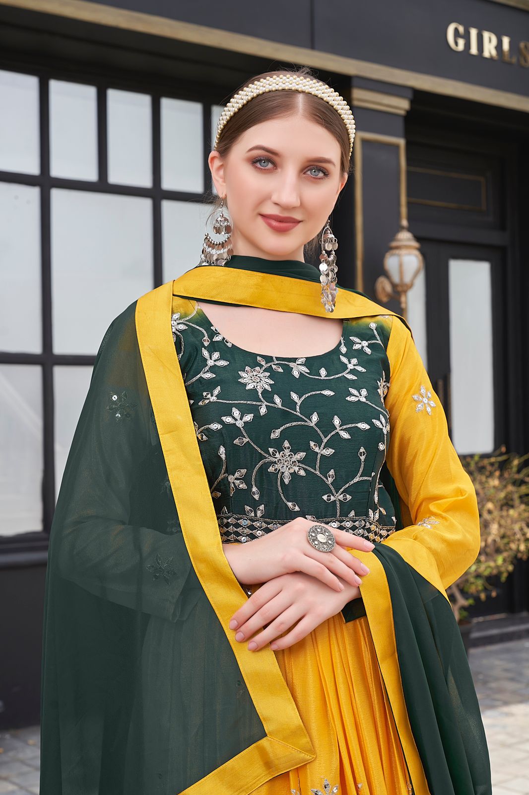 Mustard And Green Color Sequence Work Designer Gown