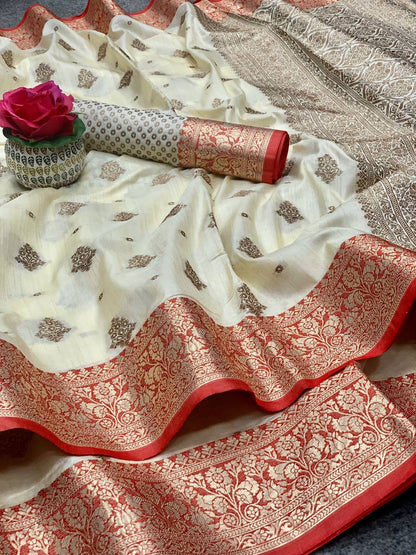 Banarasi Kanchi Silk Off White Copper Zari Pattern Saree