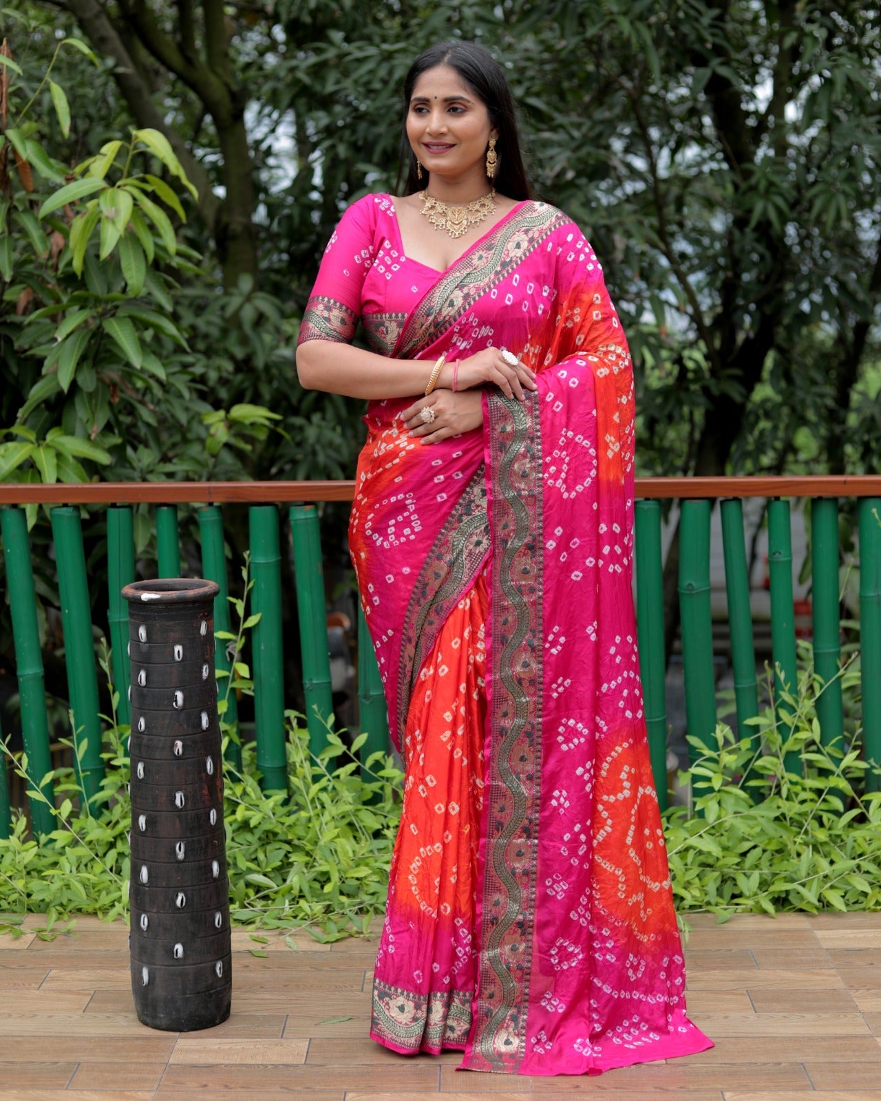 Orange And Pink Dual Color Bandhej Pallu Saree