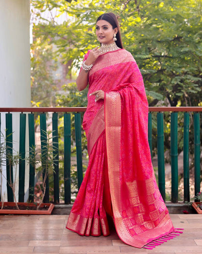 Pink Color kanchi Border Rich Pallu Bandhej Saree