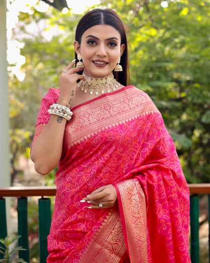 Pink Color kanchi Border Rich Pallu Bandhej Saree