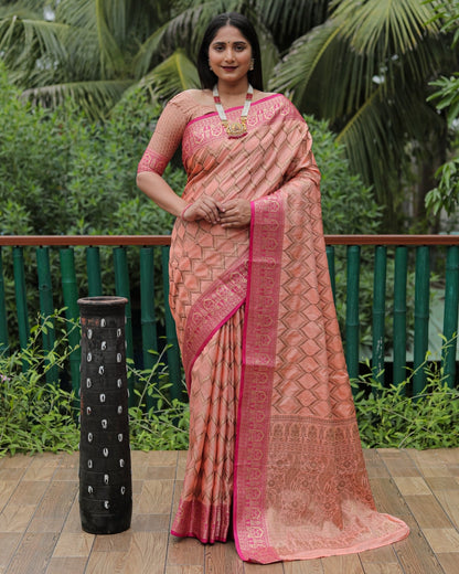 Banarasi Peach Color Kanjivaram Pattern Silk Saree