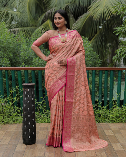 Banarasi Peach Color Kanjivaram Pattern Silk Saree