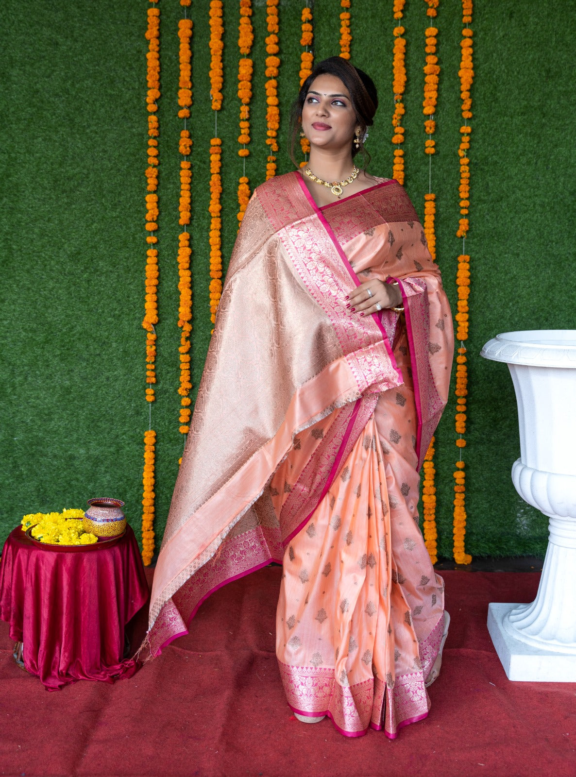 Banarasi Kanchi Silk Peach Copper Zari Pattern Saree