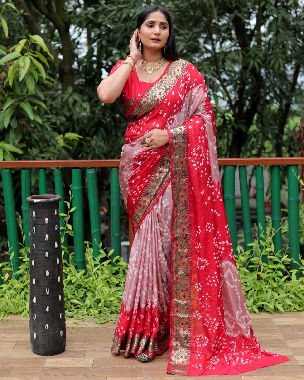 Peach And Red Dual Color Bandhej Pallu Saree