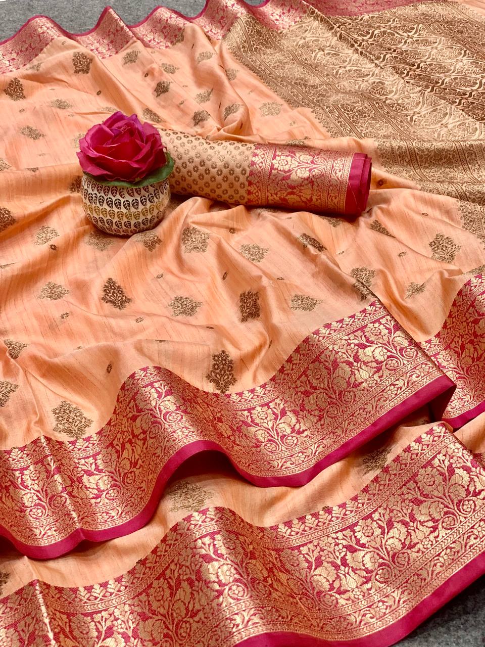 Banarasi Kanchi Silk Peach Copper Zari Pattern Saree