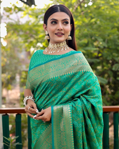 Parrot Green Color kanchi Border Rich Pallu Bandhej Saree