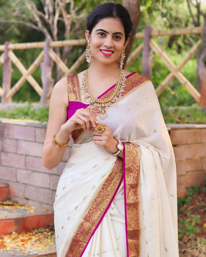 Ceremony Wear Soft Lichi Silk Golden Jari Design Border White Saree