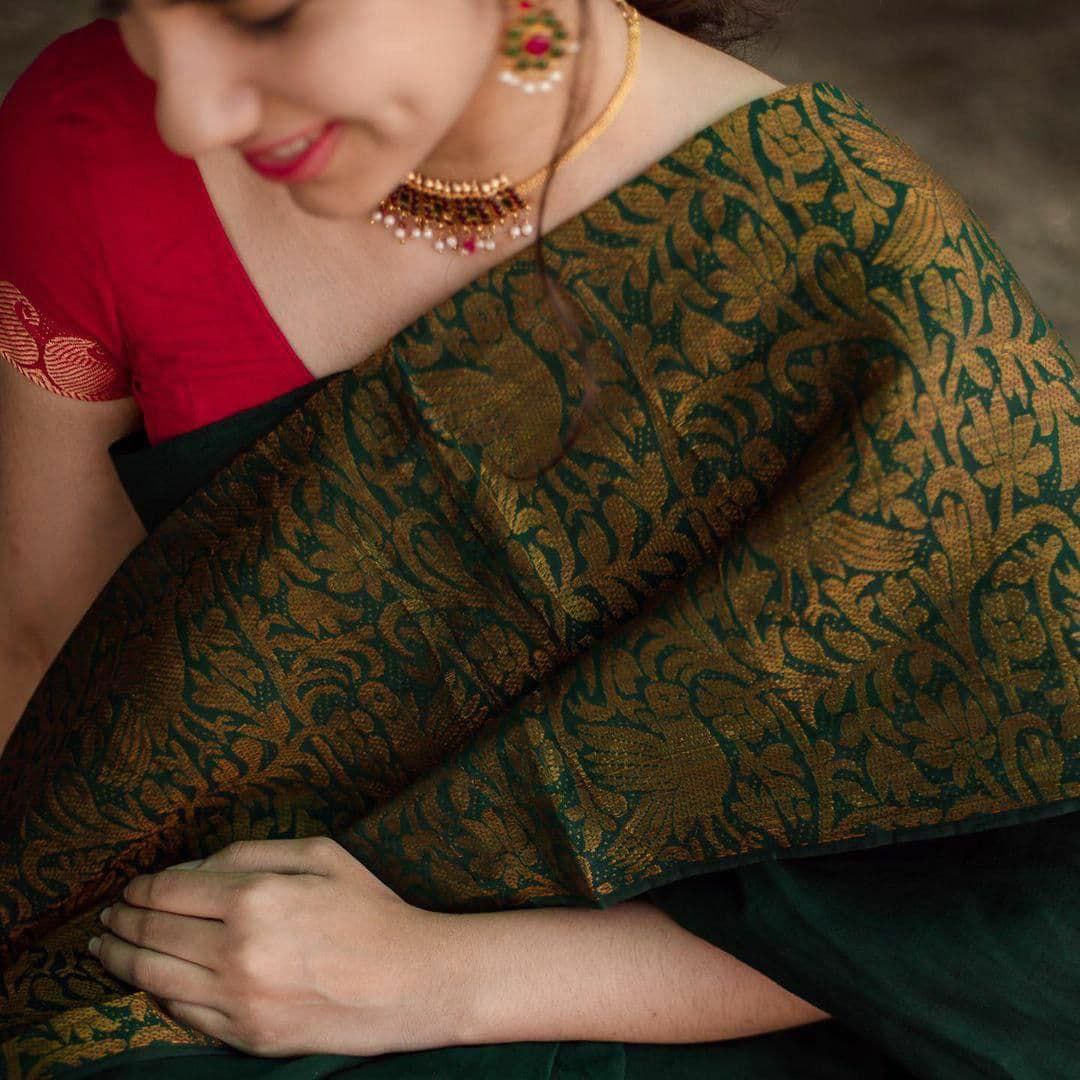 Dark Green Color Soft Lichi Silk Party Wear Saree