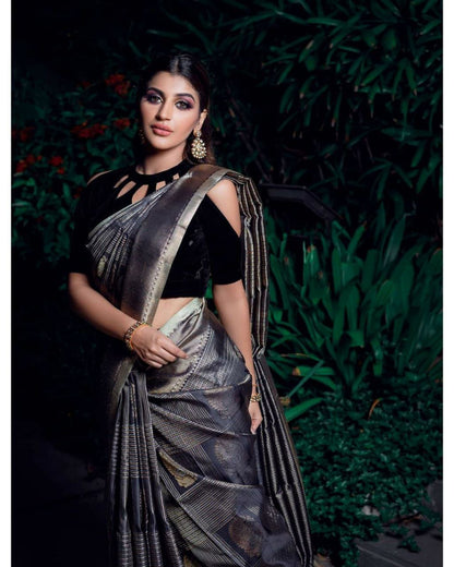 Black Color Soft Lichi Silk Party Wear Saree