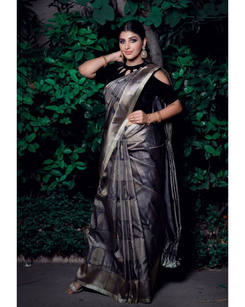 Black Color Soft Lichi Silk Party Wear Saree