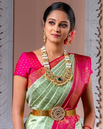 Glossy Pink And Light Green Jacquard Border Saree