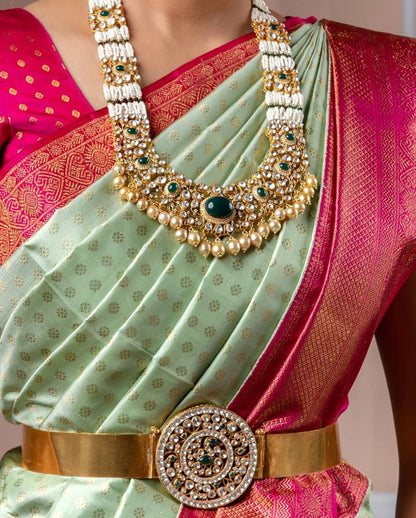 Glossy Pink And Light Green Jacquard Border Saree