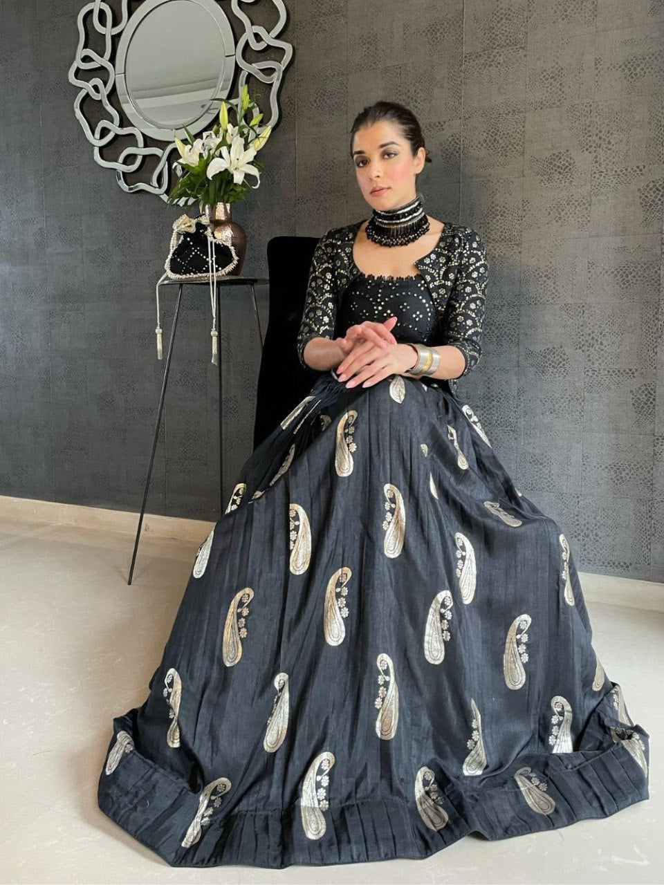 Beautiful Black Color Chain Stich Sequnce Work Lehenga With Koti