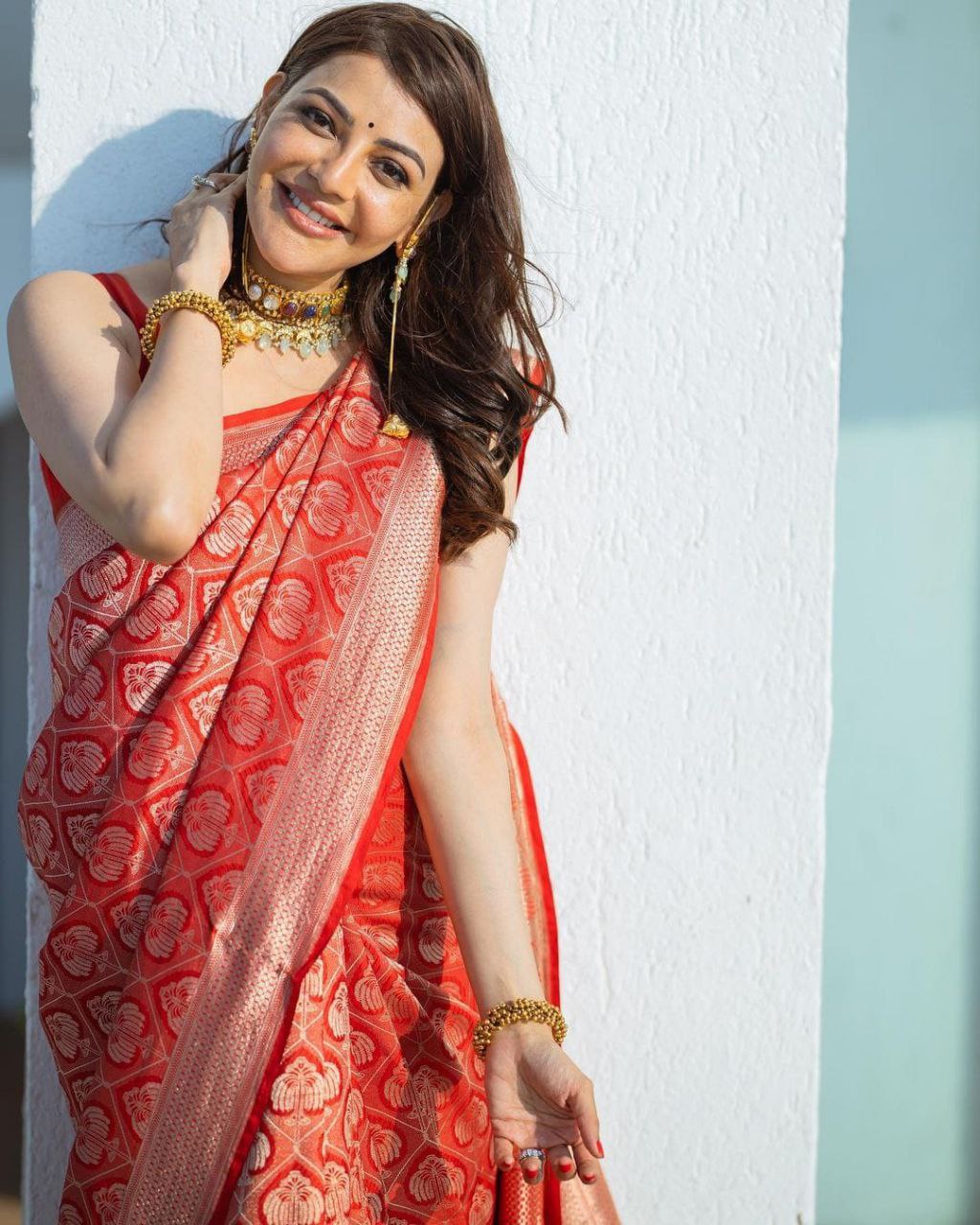 Kajal Aggarwal Bollywood Red Color Banarasi Saree