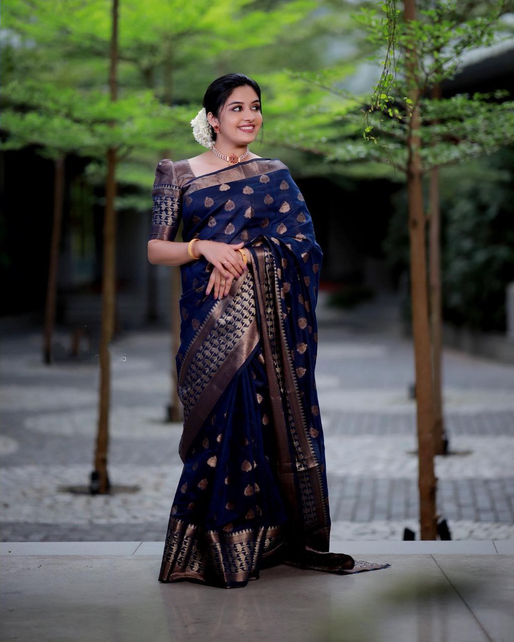 Navy Blue Color Soft Banarasi Silk Saree