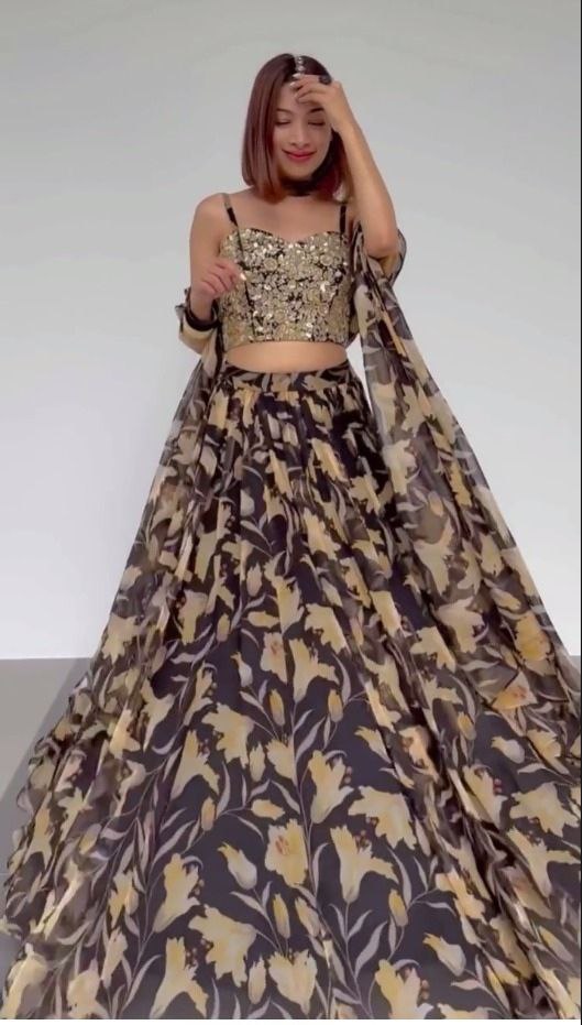 Opulent Black Color Floral Printed Lehenga Choli