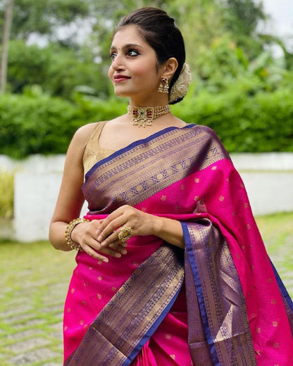 Exclusive Pink Color Golden Work Banarasi Silk Saree