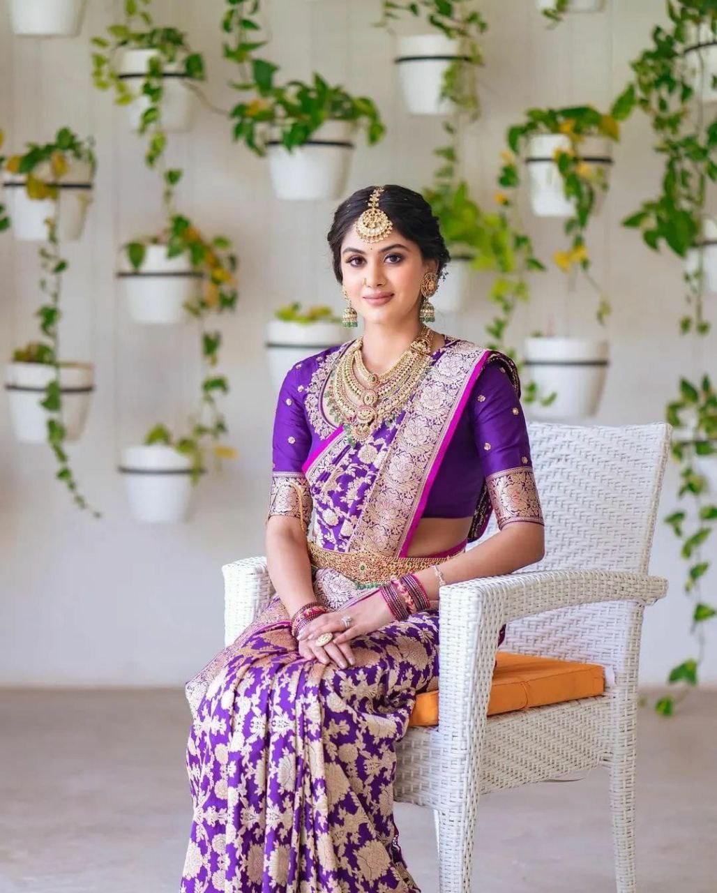 Gorgeous Purple Color Golden Work Lichi Silk Saree