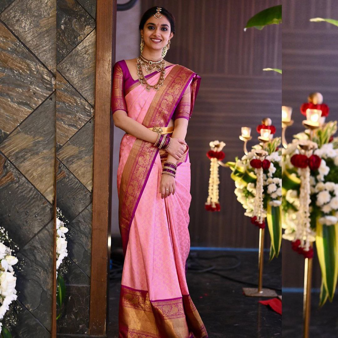 Beautiful Pink Color Golden Jari Work Saree