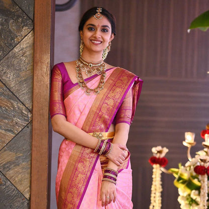 Beautiful Pink Color Golden Jari Work Saree