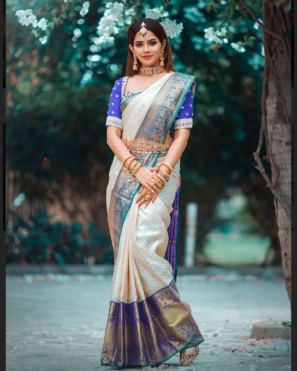 Designer Off White and Blue Golden Jacquard Work Saree