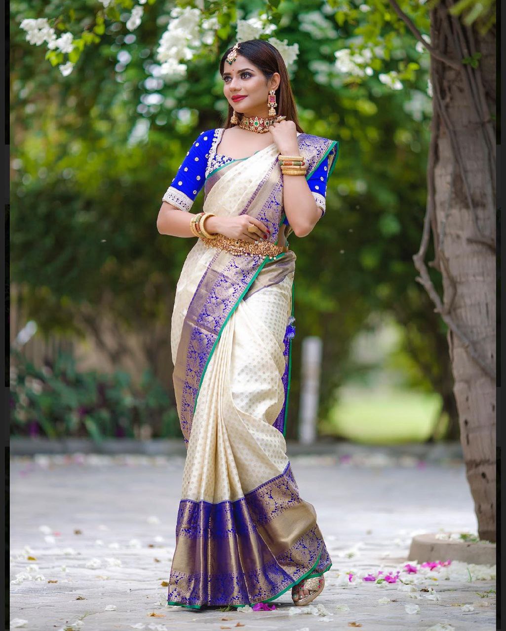 Designer Off White and Blue Golden Jacquard Work Saree