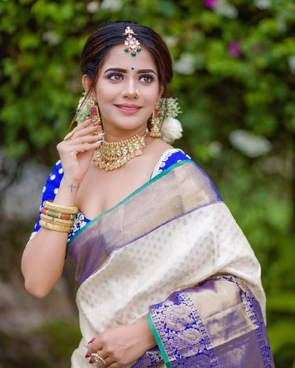 Designer Off White and Blue Golden Jacquard Work Saree