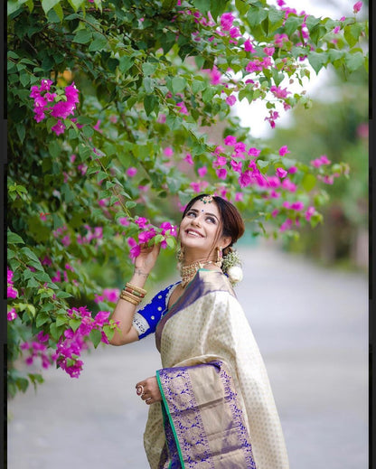 Designer Off White and Blue Golden Jacquard Work Saree