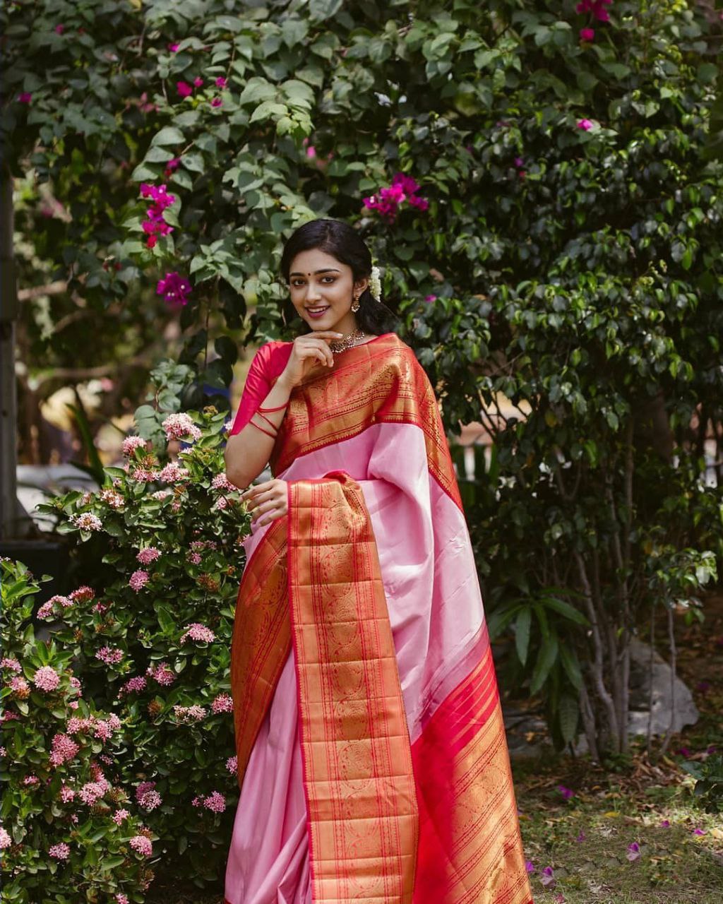 Stylish Light Pink Color Golden Jacquard Work Saree