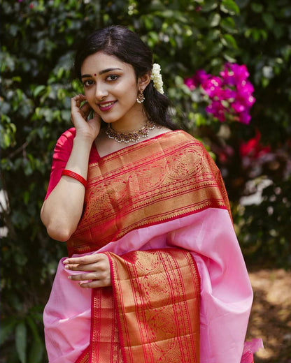 Stylish Light Pink Color Golden Jacquard Work Saree