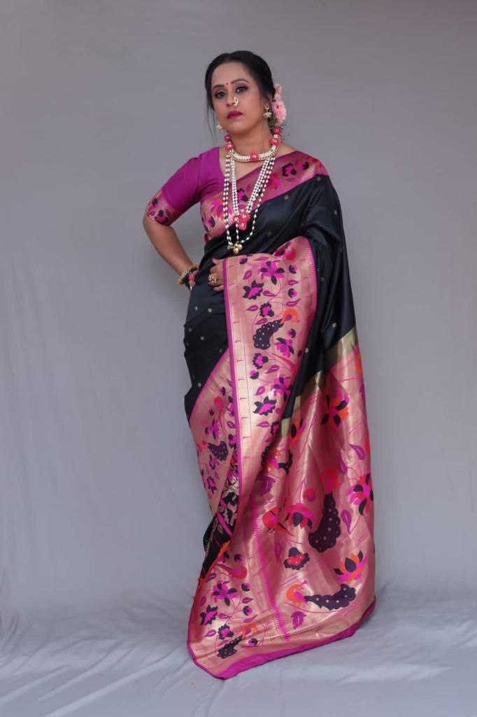 Luxuriant Black Color Golden Jacquard Border Saree