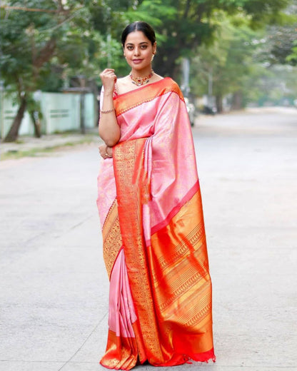 Trendy Light Pink Color Golden Jacquard Work Saree