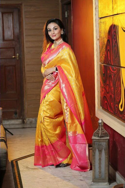 Yellow With Pink Color Soft Lichi Silk Party Wear Saree