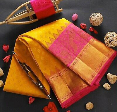 Yellow With Pink Color Soft Lichi Silk Party Wear Saree