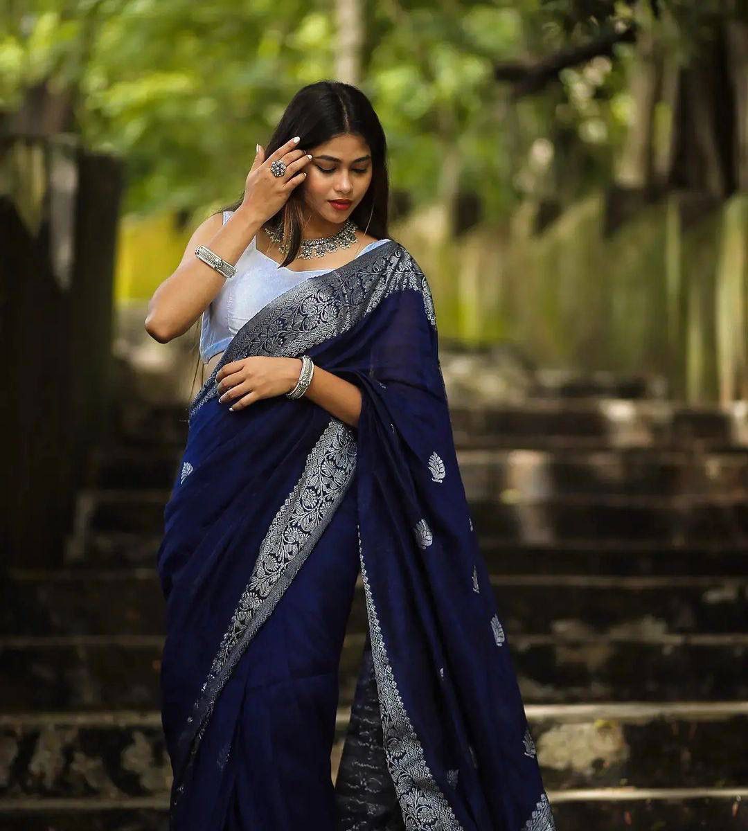 Blue Color Soft Lichi Silk Party Wear Saree