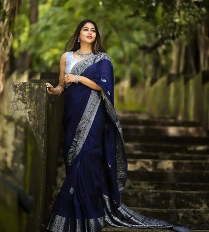 Blue Color Soft Lichi Silk Party Wear Saree