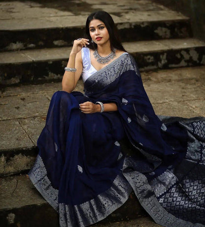 Blue Color Soft Lichi Silk Party Wear Saree