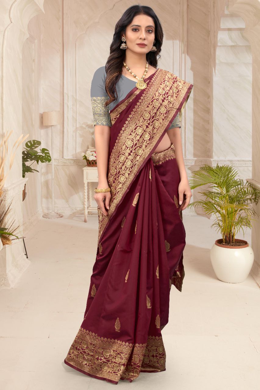 Party Wear Maroon Color Soft Lichi Silk Saree