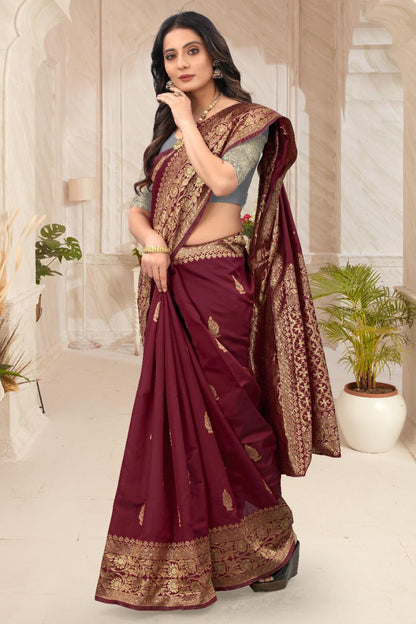 Party Wear Maroon Color Soft Lichi Silk Saree