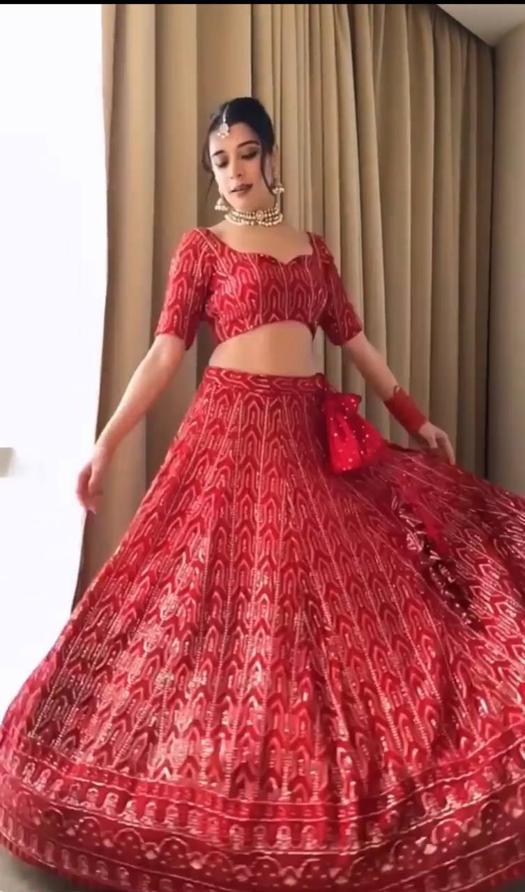 Heavy Chine Sequence Work Red Wedding Wear Lehenga Choli