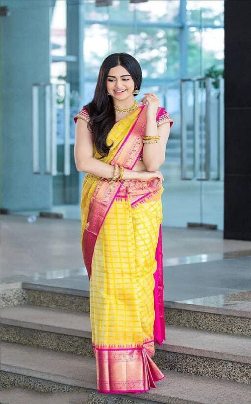 Beautiful Yellow With Pink Color Soft Lichi Silk Saree