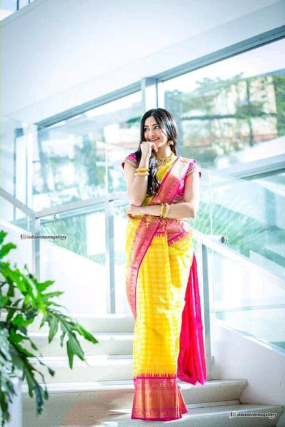 Beautiful Yellow With Pink Color Soft Lichi Silk Saree