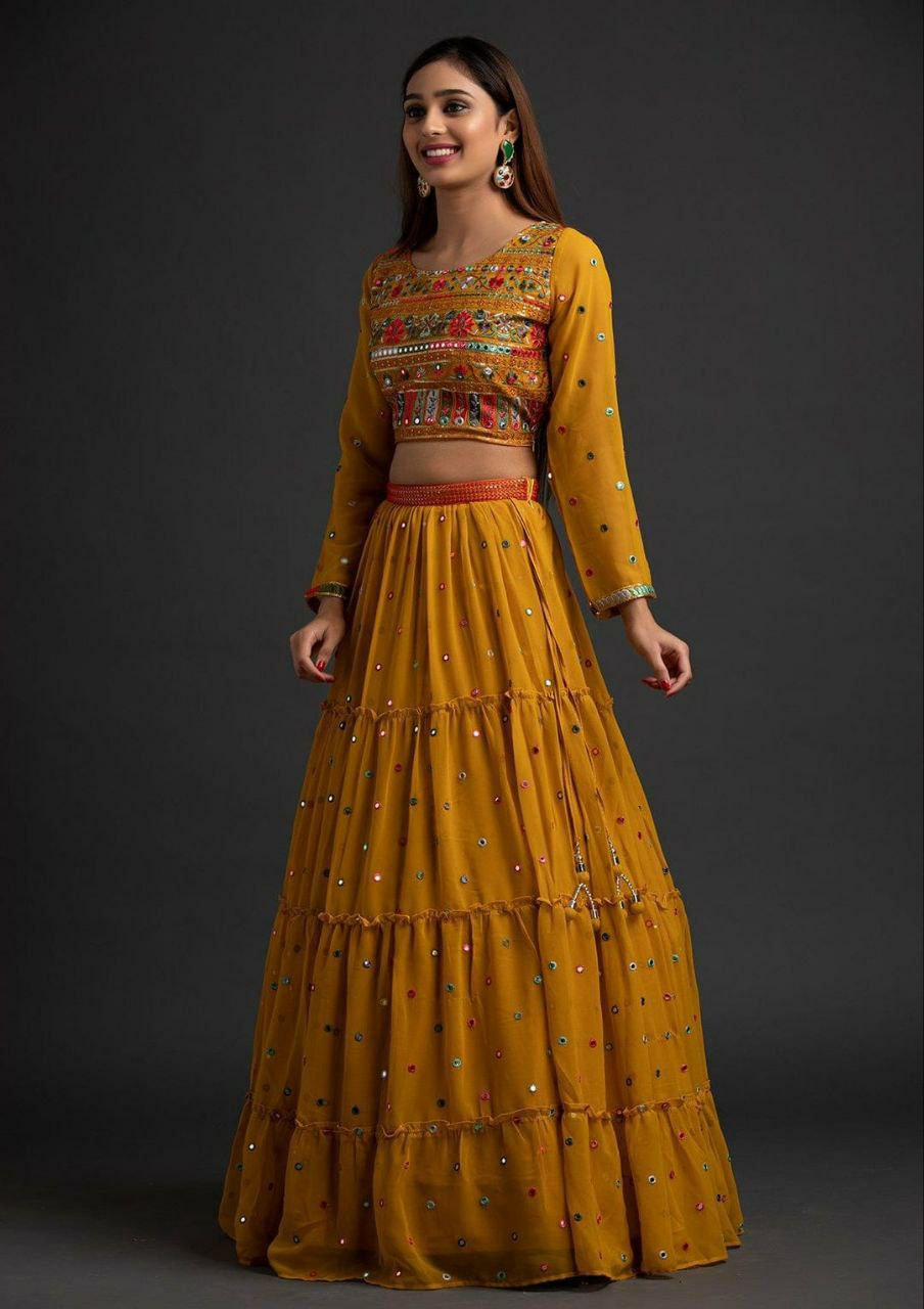 Mustard Color Embroidery Work Ruffle Lehenga Choli