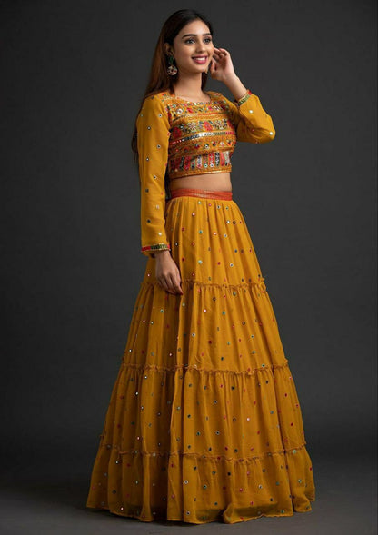 Mustard Color Embroidery Work Ruffle Lehenga Choli