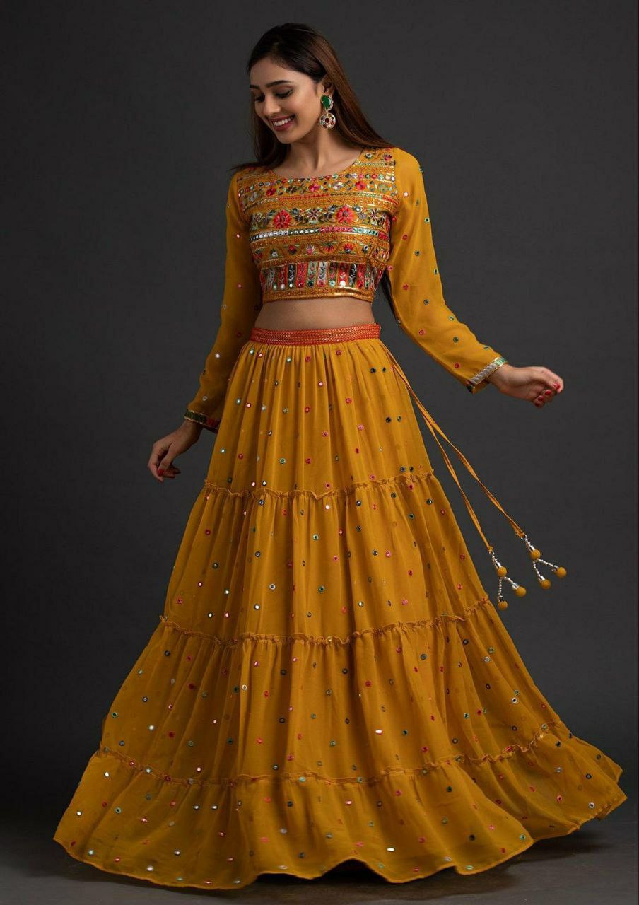 Mustard Color Embroidery Work Ruffle Lehenga Choli