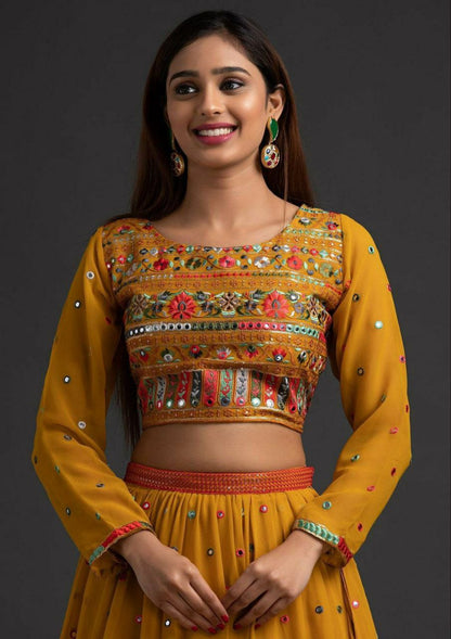 Mustard Color Embroidery Work Ruffle Lehenga Choli