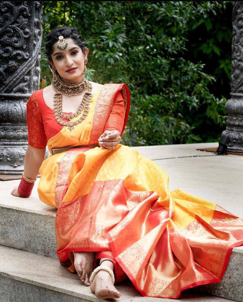 Soft Silk Yellow With Red Color Beautiful Saree