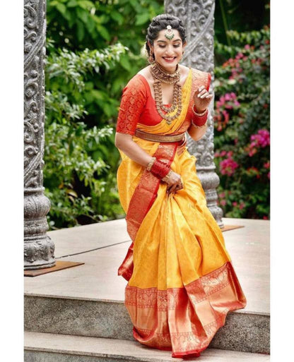 Soft Silk Yellow With Red Color Beautiful Saree