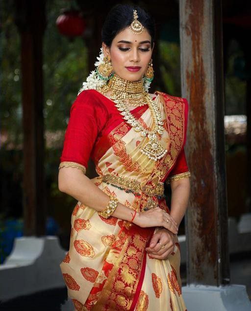 Bridal, Wedding Red and Maroon, White and Off White color Georgette,  Shimmer fabric Saree : 1887529